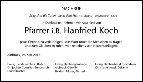 Wir trauern um Pfarrer i.R. Hanfried Koch